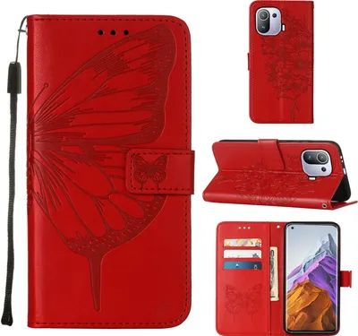 Produktbild von Xiaomi Mi 11 Pro Hülle, Schmetterling Prägung Flip Leder Kartenfächer Schutzhülle Ledertasche mit Ständer für Xiaomi Mi 11 Pro Rot