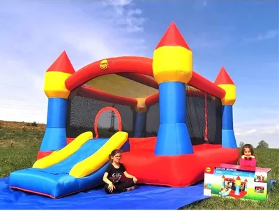 Obrázek produktu pro Happy Hop Extra velký skákací hrad Klasik XXL se sluneční clonou 5m x 4m, výška 3m. 20m2. Fukar a příslušenství součástí balení.