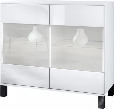 Produktbild von Vladon Kommode Bari V3, Moderner Küchenschrank mit 2 großen Glastüren inkl. RGB Beleuchtung Weiß matt / Weiß Hochglanz (92,5 x 84.5 x 35)