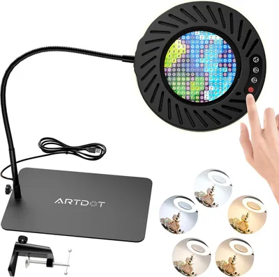 Imagen del producto de Lámpara de escritorio con lupa e iluminación, 144 LEDs, 5 temperaturas de color, 9 niveles de brillo ajustables, ideal para arte con diamantes, pasatiempos, manualidades, lectura y trabajo