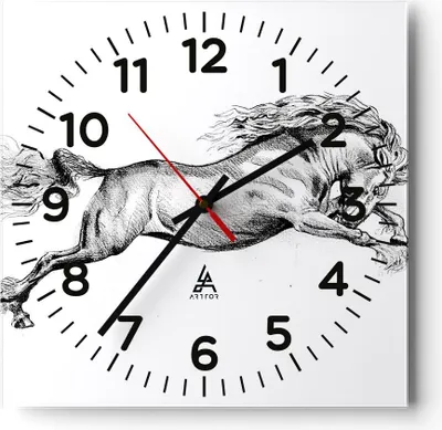 Produktbild von Wanduhr - Quadrat - Glasuhr - Pferd Zeichnung Bleistift - 40x40cm - Schleichendes Uhrwerk - Lautlos - zum Aufhängen bereit - Dekoration Modern - Wanddekoration aus Glas - C4AC40x40-4906