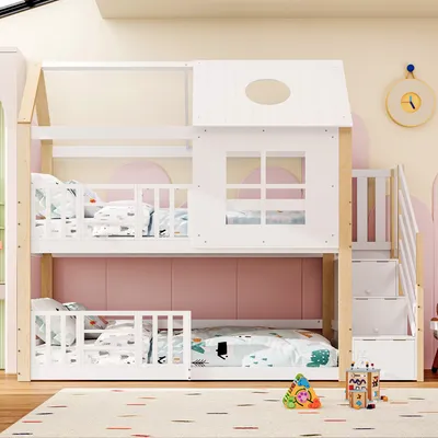Produktbild von MODFU Etagenbett Kinderbett 90x200cm Hausbett mit Aufbewahrungstreppe,mit Fallschutzgitter,mit Fenster und Dach, Kiefer+MDF,Weiß+Natur,ohne Matratze