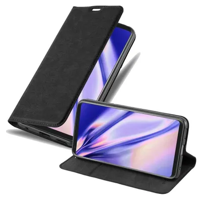 A black flip case for a smartphone is shown, with the phone inside and its screen displaying a colorful abstract image. The case is partially open, revealing the phone.