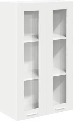 A white cabinet with two glass doors, showing shelves inside.