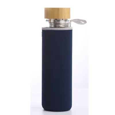 Produktbild von Penelife Teeflasche mit Sieb to go Edelstahl Glasflasche 1L Trinkflasche mit Früchtebehälter Bambus Deckel - Glastrinkflasche mit Schutzhülle 1L - dunkel blau