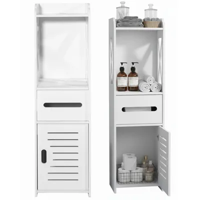 Produktbild von Badezimmerschrank, Hochschrank, Platzsparend, Schmal 25 x 21 x 80 cm, mit 4 geräumigen Regalen, Papierfach, Schrank für Bad, in weiß