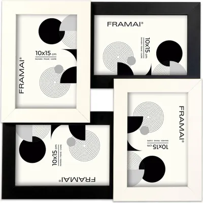 Productafbeelding van FRAMAI® fotolijst voor 4 foto's, zwart-wit, met een frame van MDF-hout, voorzien van een breekvaste plexiglasplaat