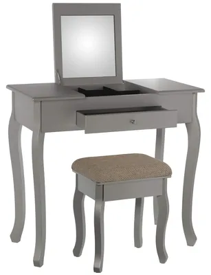 Make-up-Tisch mit Spiegel und Bank, Holz, silber, 80x40x74 cm