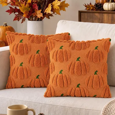 Produktbild von 2er Set Kissenbezüge 40x40cm Herbstdeko Kürbis Plüsch Orange