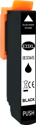 A black ink cartridge with an orange clip is shown against a white background.