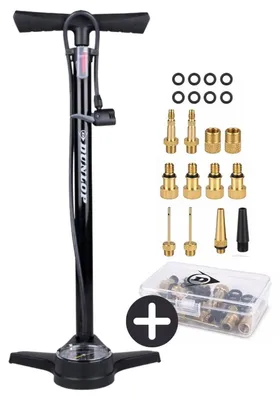 Produktbild von Dunlop Fahrradpumpe mit Manometer und Ventil Adapter Set - Standpumpe 180 PSI - Für Presta Dunlop Schrader Ventil - Adapter für Fahrrad Auto Ball - Inkl. Aufbewahrungsbox
