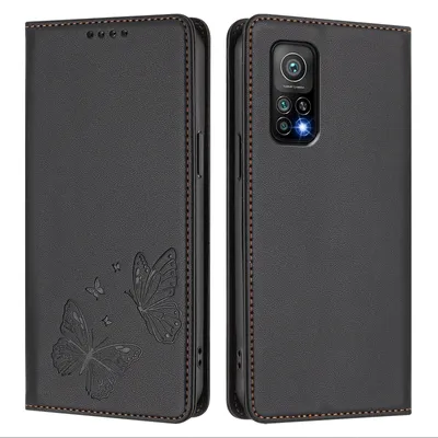 Produktbild von Lederhülle für Xiaomi Mi 10T / Mi 10T Pro, Schmetterling Prägung Leder Brieftasche Schutzhülle mit Ständer Schwarz