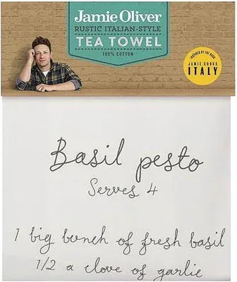 Immagine prodotto di Unyqoos® Jamie Oliver, strofinaccio da cucina "Stile Italiano" – strofinaccio con stampa di una ricetta scritta a mano per il pesto alla genovese, 100% cotone