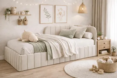Produktbild von Bett Mario 120x200 cm, Polsterbett mit Metallrahmen, Jugendbett mit Bettkasten, Riviera-Stoff, Beige, Rechts