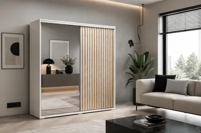 Zdjęcie produktu dla Szafa Kair 200 biała z lustrem i drzwiami przesuwnymi – 200 x 62 x 215 cm