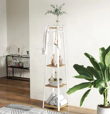 Produktbild von Kleiderständer, Garderobenständer Trapez-Design, Standgarderobe dreistufig, 8 Doppelhaken, Stahll