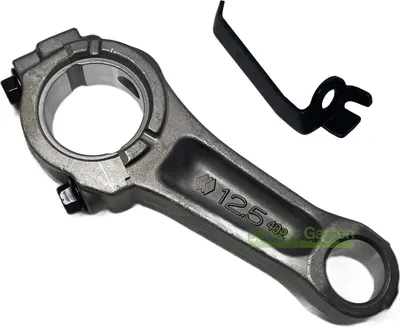 A metal connecting rod and a small black metal part on a white background.
