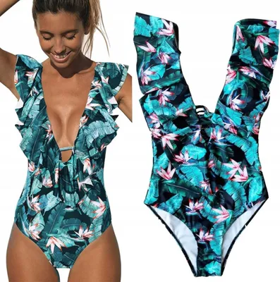 Immagine prodotto di Costume intero da bagno - per donna - schiena scoperta - scollatura con volant - stile boho - motivo floreale - colorato - taglia M