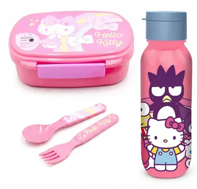 Produktbild von Hello Kitty 4 tlg. Lunch Set Brotdose Alu Trinkflasche 500 ml Löffel Gabel