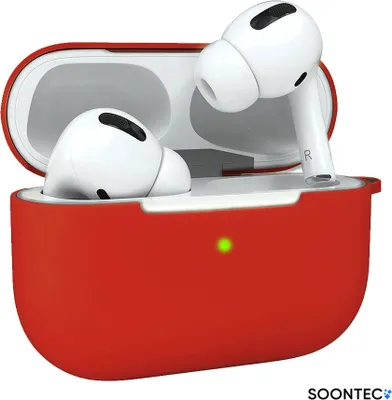 A pair of white AirPods Pro earbuds are shown inside a red silicone case. The case is open, revealing the earbuds and the interior of the case. A small green LED light is visible on the front of the case.