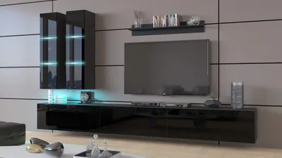 Immagine prodotto di Parete attrezzata Furnitech soggiorno | mobile soggiorno con LED blu | parete attrezzata moderna | parete attrezzata soggiorno con mensole e mobile TV (Egina AN50-18HG-B1 1A)