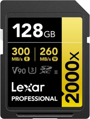 A Lexar Professional 128GB SDXC memory card.