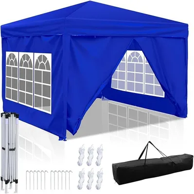 Produktbild von Pavillon 3x3m Wasserdicht, Höhenverstellbar Faltpavillon mit 4 Seitenteilen, 420D Oxford, Stabil Winterfest UV Schutz, Partyzelt Gartenzelt für Outdoor Garten Camping, Blau
