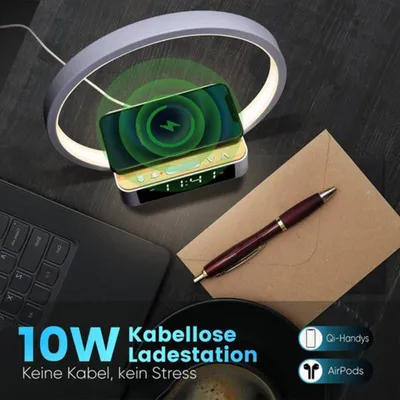Produktbild von Schreibtischlampe LED Nachttischlampe 3 Helligkeitsstufen & Kabellose Ladefunktion Wecker,Zeitanzeige,LED SnoozeDual-Alarm Aufwachlicht,Touch Dimmbar
