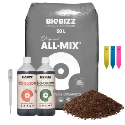 Produktbild von BioBizz All-Mix Erde-Set – Grow-Bloom 250 ml - inkl. Dosierpipette und 3 Pflanzenschilder