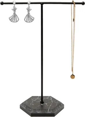 Produktbild von PolkaHome® Schmuckständer Metall mit Marmorsockel, Kettenhalter für Halsketten, Armbanden, Ohrringe, Ringe, Schwarz