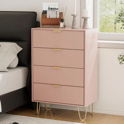 Obrázok produktu pre Komoda, príborník, 4 zásuvky, 34x60x91 cm, ružové drevo so zlatými nožičkami, moderný boho štýl