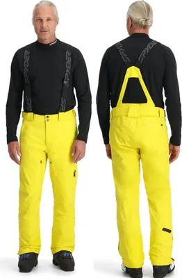 A man wearing ski pants and a long-sleeved shirt, shown from the front and back.