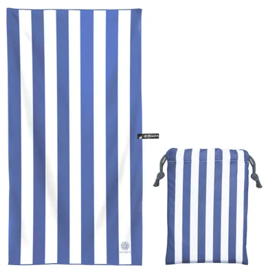 Produktbild von PEAQUE Mikrofaser-Handtuch mit Tasche - 80x160 cm - Navy/Weiß - gestreiftes Badetuch, Reisehandtuch, Microfaser Handtücher, leicht, schnelltrocknend