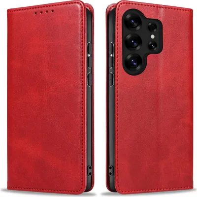 A red leather flip case for a smartphone is shown from two angles, open and closed.
