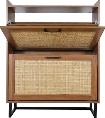 Produktbild von Schuhschrank mit Rattantueren 80¡Á24¡Á101,5 cm Flurschrank Holzfarbe PB Metallfuesse Zweitueriger Stauraum Moderner Japandi Stil