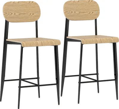 Zdjęcie produktu dla Zestaw 2 krzeseł barowych HOMCOM, z podnóżkiem, metalowa rama, krzesło kuchenne z siedziskiem o wysokości 66 cm, łatwy montaż, industrialny design, naturalne drewno + kolor czarny