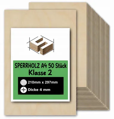 Produktbild von Rechteckige Birkensperrholzplatten zum Basteln und Bemalen – Lasergravur, Laserschnitt, CNC-Fräsen, Modellbau, Laubsägearbeiten, Brandmalerei und Decoupage – Klasse 2 – A4, 21 × 29,7 cm (210 × 297 mm) – 4 mm – 50 Stück