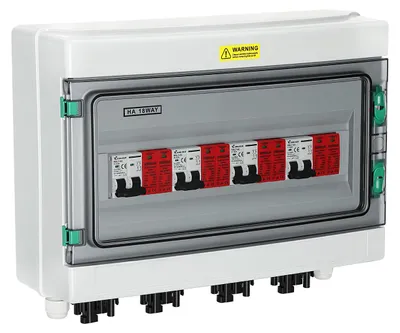 Obrázek produktu pro Přepojovací skříň Peviasot pro solární panely, 4 řetězce, DC 1000V, 32A, ochrana proti přepětí PV T2, fotovoltaika, krytí IP65, připojovací skříň pro generátor, pro 18 modulů se solárními konektory, solární systém