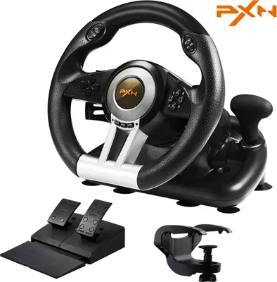 Image de Volant de jeu PXN V3 Pro, rotation à 180°, jeu de pédales inclus, noir