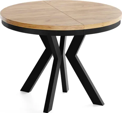 Produktbild von Runder Esstisch Ausziehbar 100-200 cm XXL Groß – Verlängerbar, für 5-10 Personen mit Schwarzen Holzbeinen & Metallring – Tisch für Wohnzimmer & Esszimmer in Eiche Braun
