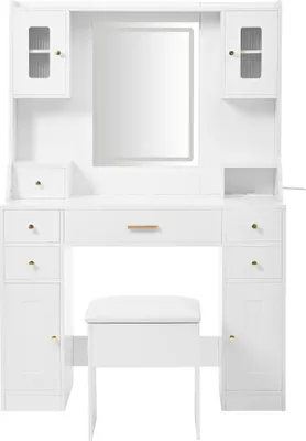 Produktbild von Schminktisch 105x152x40cm Weiss Kosmetiktisch LED Spiegel Steckdosen Frisiertisch 6 Schubladen 4 Tueren Verstellbare Beleuchtung Frisiertisch