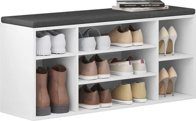 Image de Happyment Banc à chaussures Dida - 7 compartiments - Étagère à chaussures moderne - Blanc - Pour la chambre ou l'entrée - Avec coussin gris