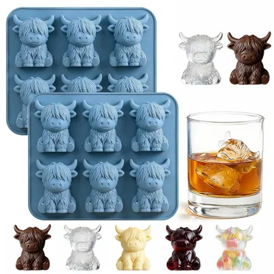 Eiswürfelform Highland Cow, 2er-Pack, Silikon, blau, 3D-Design