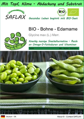 Produktbild von SAFLAX Garden to go - BIO - Bohne - Edamame - Glycine max (L.) Merr. - 8 Samen - Mit Topf, Klima - Deckel und Anzuchtsubstrat