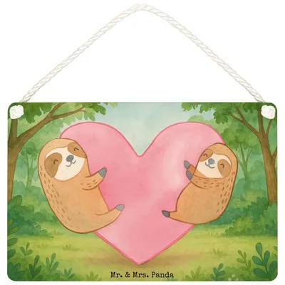 Produktbild von Mr. & Mrs. Panda holzbild Faultiere Herz Design DIN A4 - Weiß - Geschenk, Wandschild, für Partner, Freundin, Valentinstag, Holzschild, Türschild, wandtafel, Hochzeitstag
