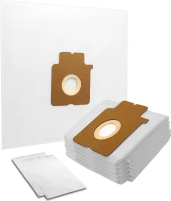 A stack of white vacuum cleaner bags with brown cardboard inserts and a single vacuum cleaner bag in the background.