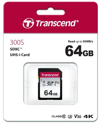 Produktbild von Transcend TS64GSDC300S, 64 GB, SDXC, Klasse 10, NAND, 95 MB/s, 40 MB/s