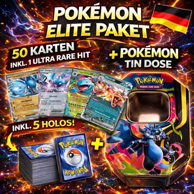 Produktbild von Pokémon elite paket - 50 karten, 1 ultra rare hit inkl pokemon dose mit 5 holos!