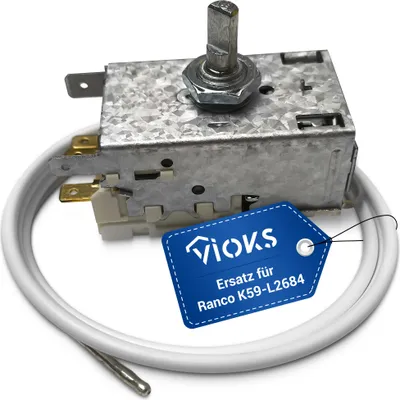 A thermostat with a white cable and a blue tag attached.