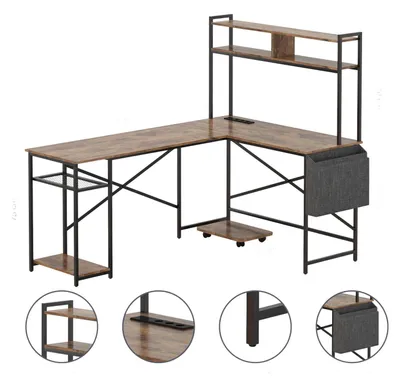 Productafbeelding van Zimilo L-vormig bureau met planken en stopcontacten, hoekbureau, computerbureau, kantoorbureau met monitorhouder en zijvak, 170x116 cm, bruin